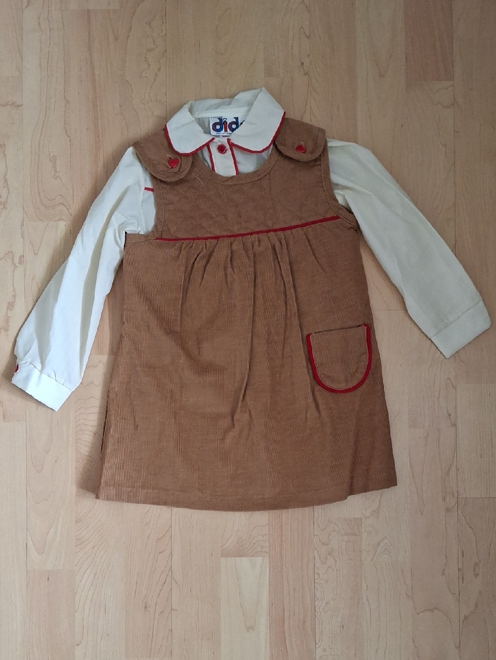 Girls Vintage Brown Corduroy & Cream Blouse Red Piping Set Size 4